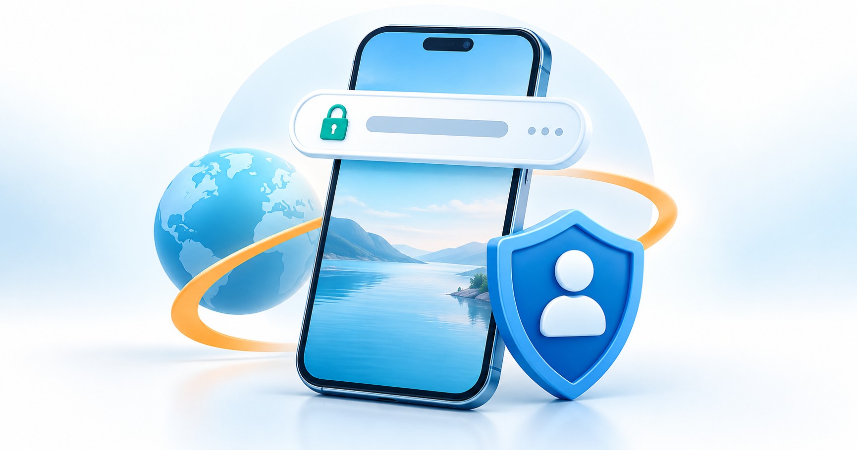 Mobil tarayıcıda adres ve hesap güvenliğini temsil eden telefon ve kalkan illüstrasyonu